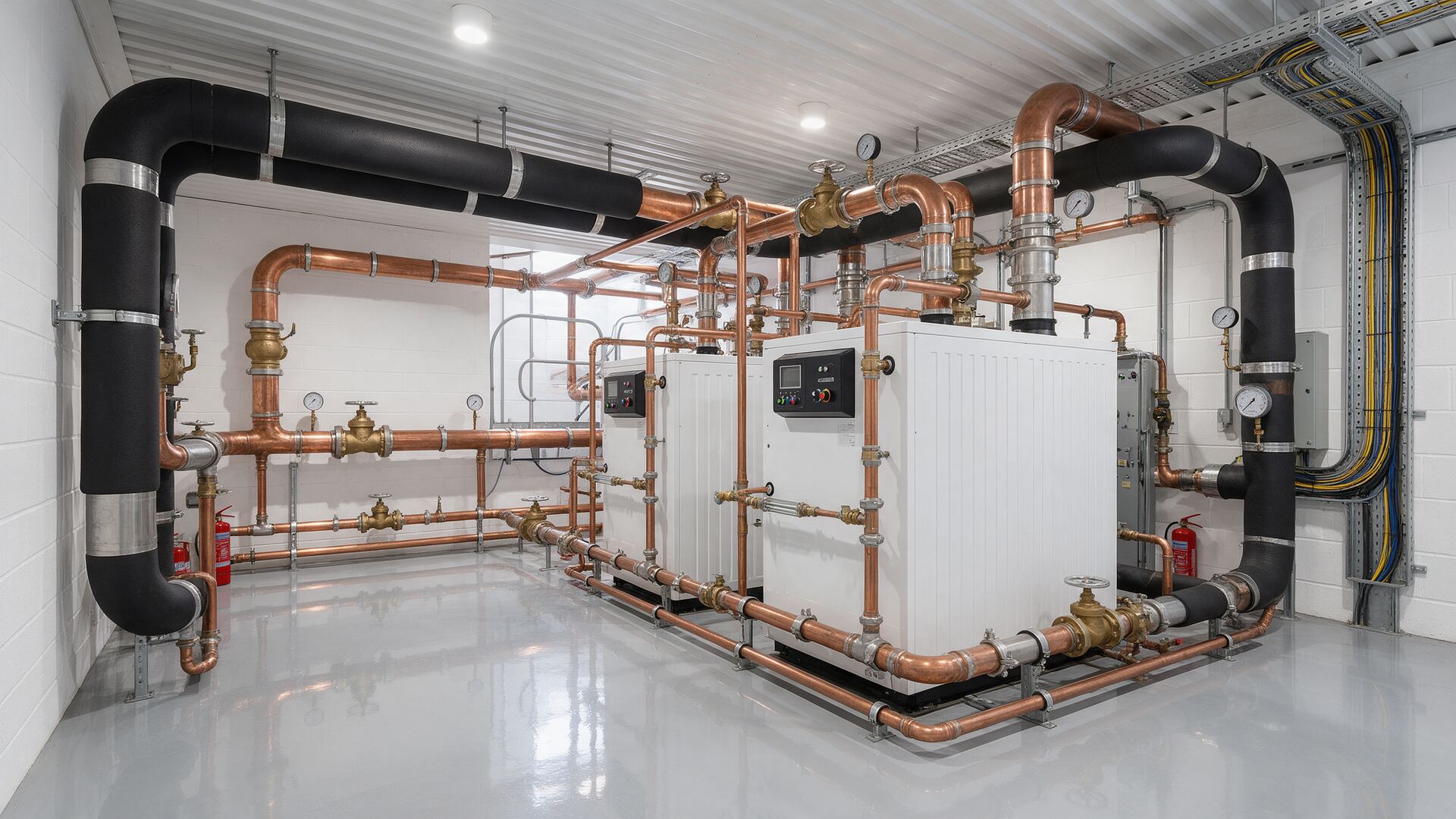 Boilers and copper pipework in a commercial plant room