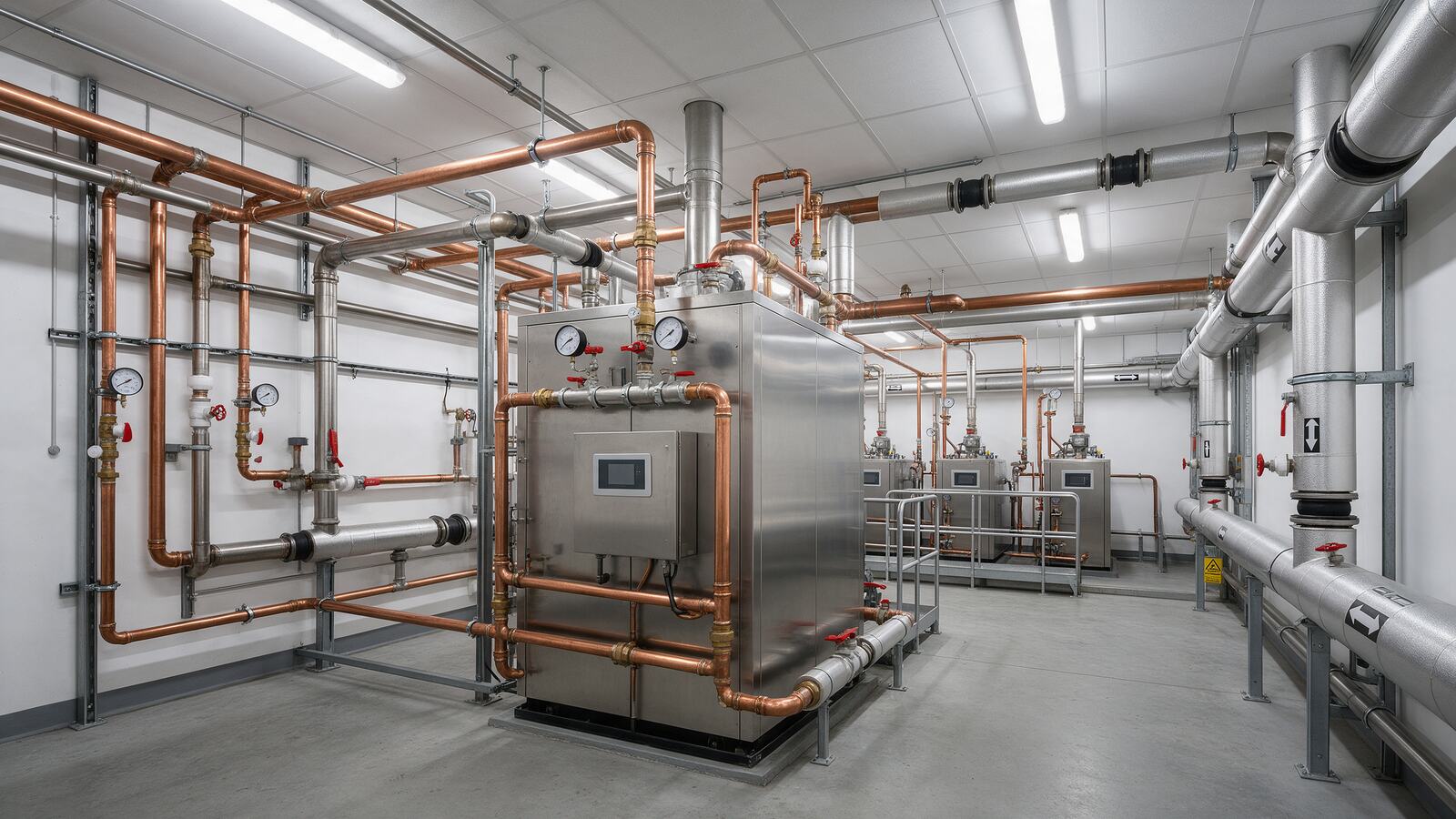 Insulated pipework and heating plant in a commercial plant room