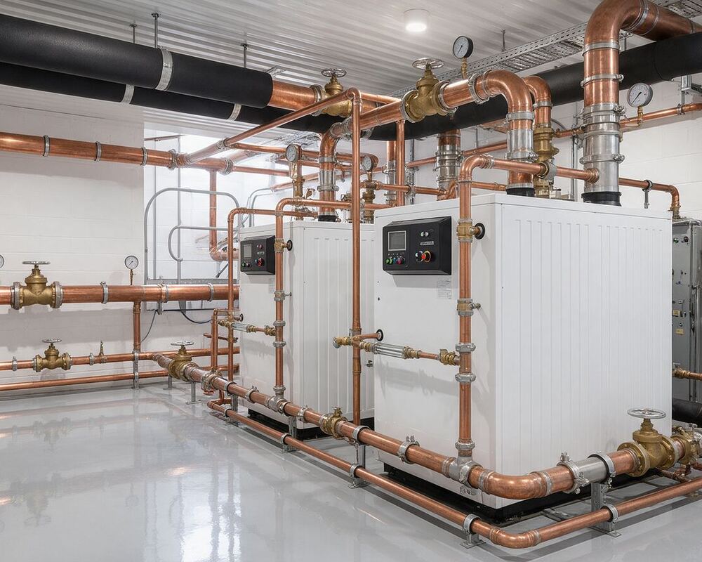 Boilers with copper flow and return pipework and valves