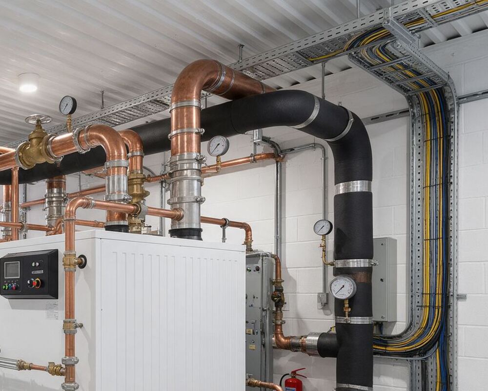 Insulated pipework, control panel and cable trays in a plant room