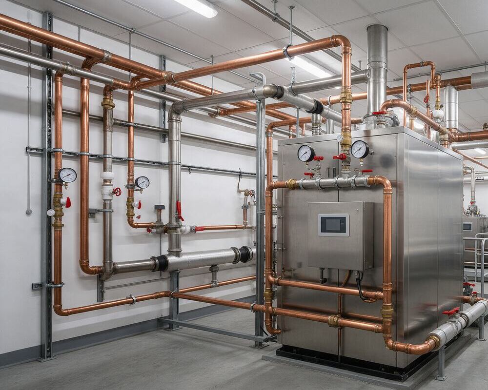 Copper and stainless pipework around a hot water unit in a plant room